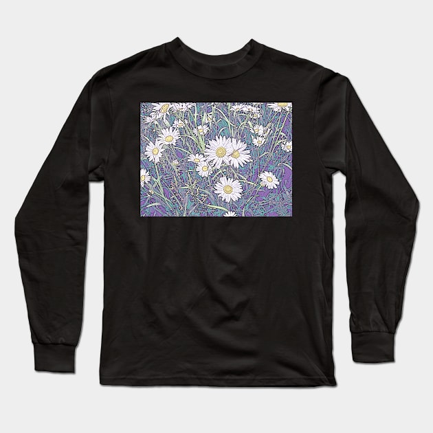 Wildflower Daisies in Field of Purple and Teal Long Sleeve T-Shirt by ConniSchaf